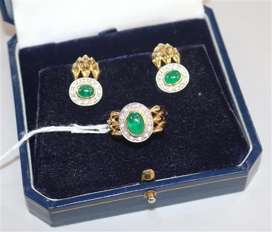 A modern 18ct gold, cabochon emerald and diamond oval cluster ring and pair of matching earrings.